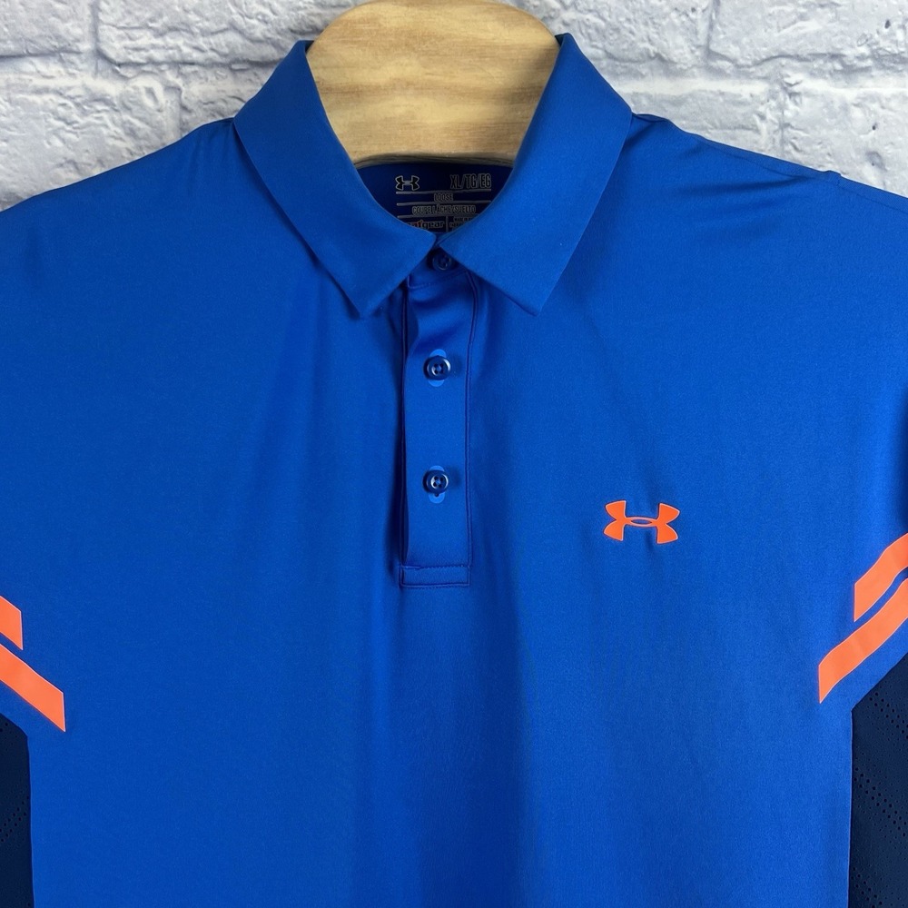 Under Armour HeatGear Men Vented Stretch Polo Shirt‎ Blue Neon Orange Size XL